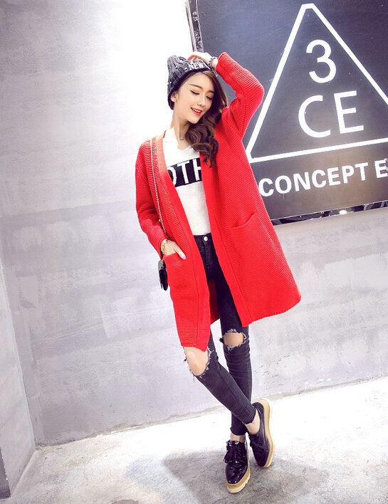 Winter Sweater Wowen Cardigan Solid Coat Thick Loose Sleeved Warm - Red