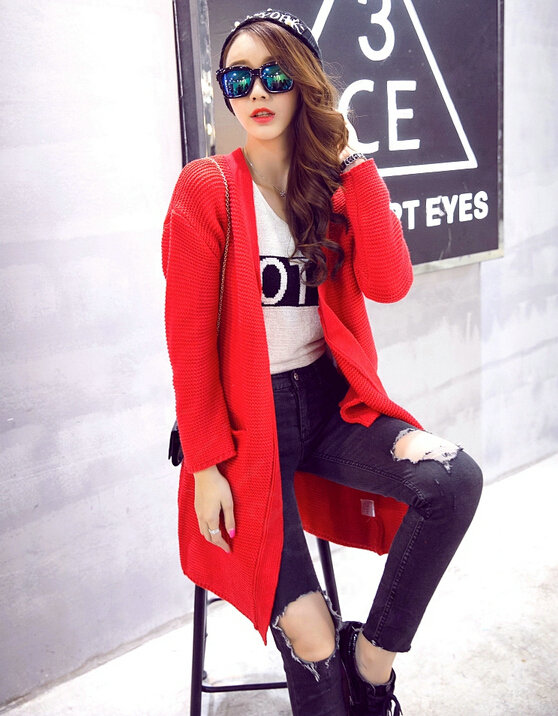 Winter Sweater Wowen Cardigan Solid Coat Thick Loose Sleeved Warm - Red