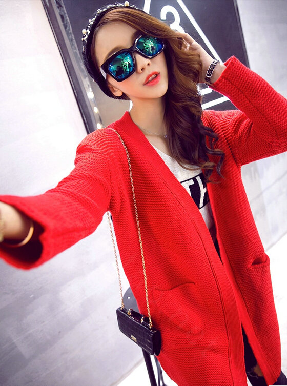 Winter Sweater Wowen Cardigan Solid Coat Thick Loose Sleeved Warm - Red