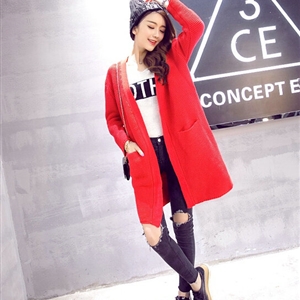 Winter Sweater Wowen Cardigan Solid Coat Thick Loose Sleeved Warm - Red