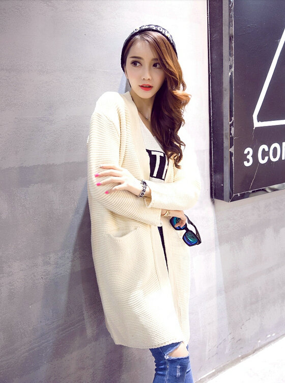 Winter Sweater Wowen Cardigan Solid Coat Thick Loose Sleeved Warm - White