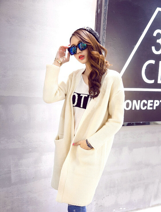 Winter Sweater Wowen Cardigan Solid Coat Thick Loose Sleeved Warm - White