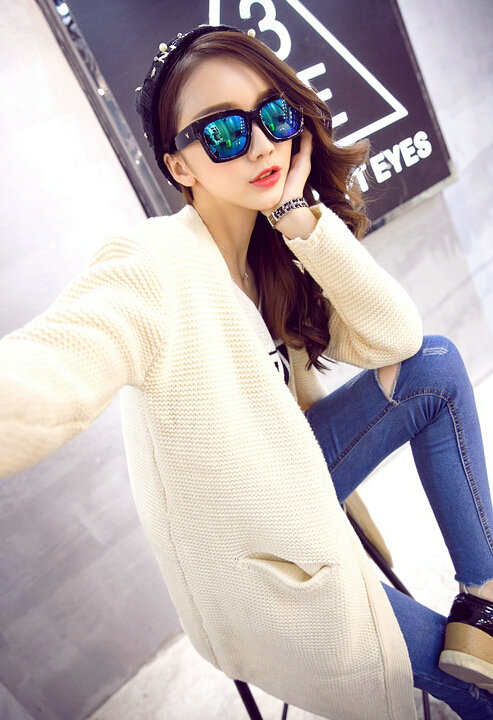 Winter Sweater Wowen Cardigan Solid Coat Thick Loose Sleeved Warm - White