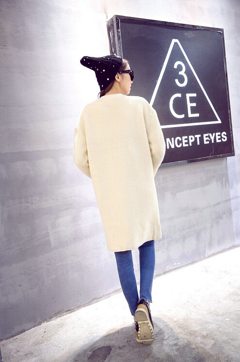 Winter Sweater Wowen Cardigan Solid Coat Thick Loose Sleeved Warm - White