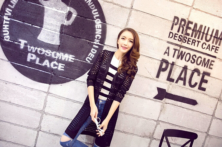 Winter Sweater Wowen Solid Flat Knitted Hollow Long Loose Coat Cardigan - Black