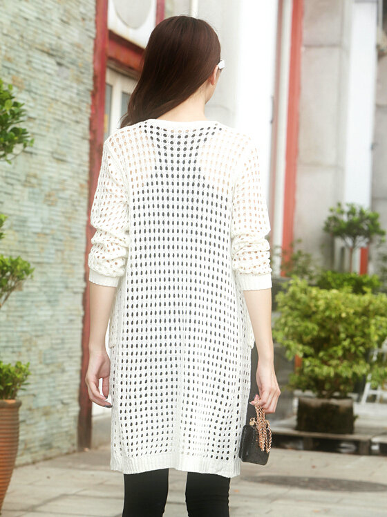 Winter Sweater Wowen Solid Flat Knitted Hollow Long Loose Coat Cardigan - White
