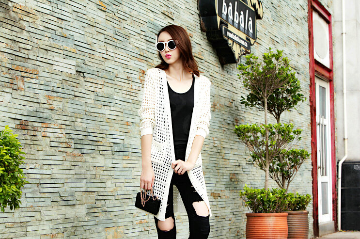 Winter Sweater Wowen Solid Flat Knitted Hollow Long Loose Coat Cardigan - White