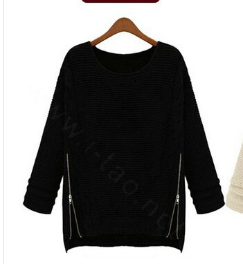 Winter Sweater Zipper Loose Knit Female Thickened Solid - Black