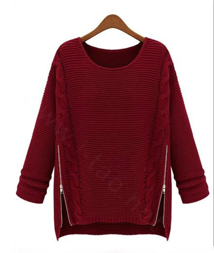Winter Sweater Zipper Loose Knit Female Thickened Solid - Red
