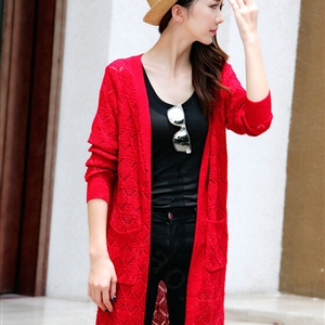 Winter Women Sweater V-Neck Cardigan Solid Coat Dress Long - Red