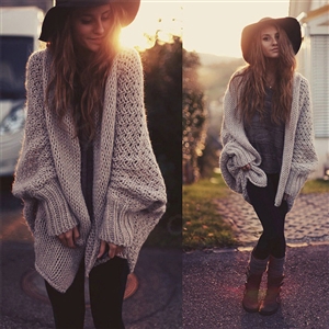 Women Sweater Batwing Long Sleeve Thick Casual Knitted Pullovers Winter - Khaki