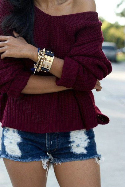 Women Sweater Knit Long Sleeved Solid O-Neck - Red Wine