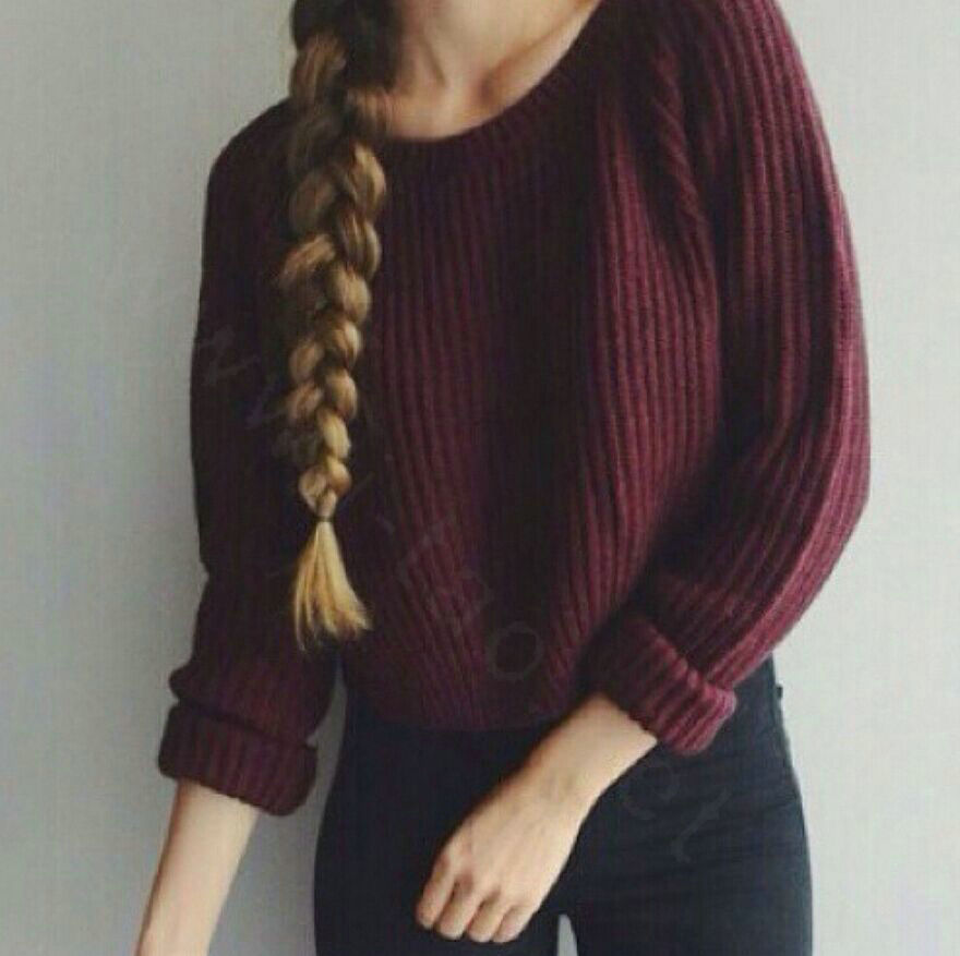 Women Sweater Knit Long Sleeved Solid O-Neck - Red Wine