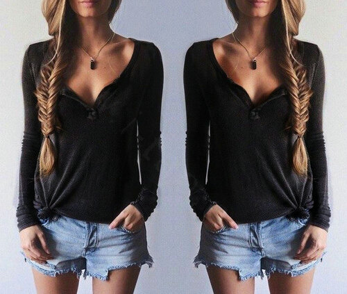 Women Sweater V Collar Long Sleeved Shirt Solid Cotton - Black