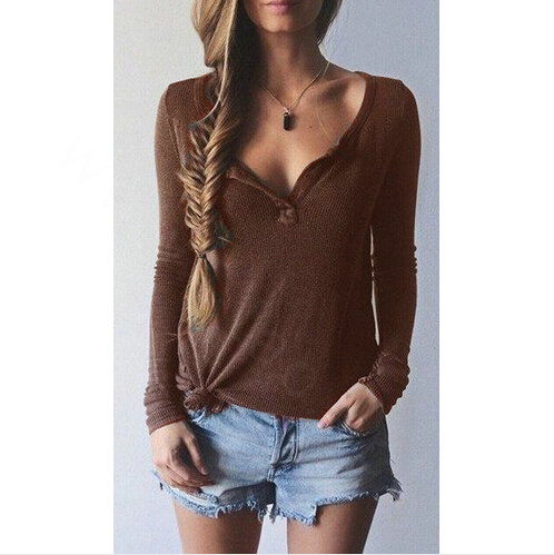 Women Sweater V Collar Long Sleeved Shirt Solid Cotton - Coffee