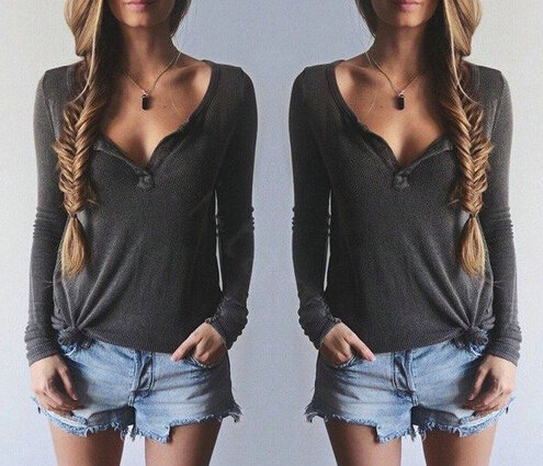 Women Sweater V Collar Long Sleeved Shirt Solid Cotton - Grey