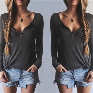 Women Sweater V Collar Long Sleeved Shirt Solid Cotton - Grey