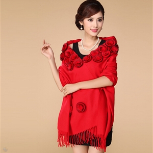 Pretty Bridal Fringed Floral Wool Scarf Shawls Women Winter Warm Solid Panties 200*70CM - Red