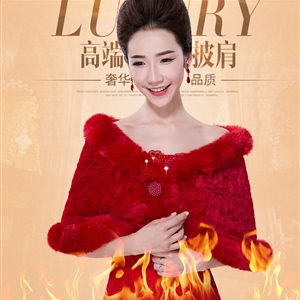 Unique Pearl Bridal Lace Floral Fur Scarf Shawls Women Winter Warm Solid Panties 130*30CM - Red
