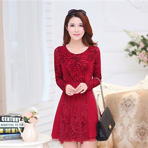 Fashion Dresses Women Winter Leopard Print Lace Long Sleeved - Red
