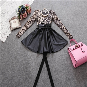 Fashion Dresses Women Winter Leopard Print Leather Long Sleeved - Grey