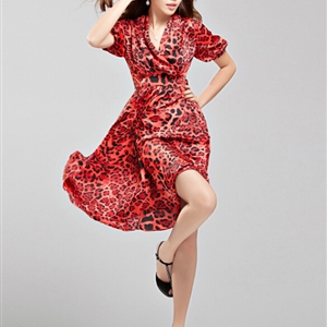 Sexy Dresses Summer Ladies Leopard Print Short Sleeved Chiffon Bowknot - Red