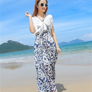 Sweet Dresses Summer Girls Affordable Flower Bohemian Coast Chiffon Long - Navy Blue