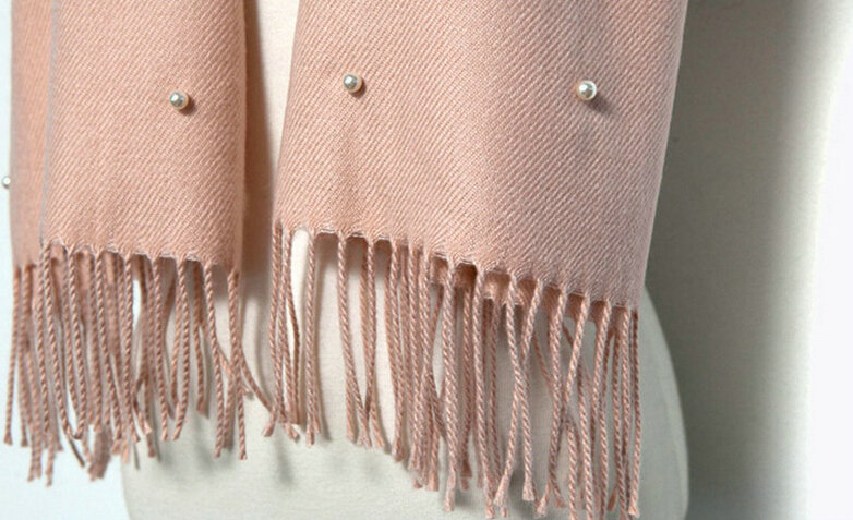 Classic Fringed Beaded Scarf Scarves For Women Winter Warm Cotton Panties 183*66CM - Rose