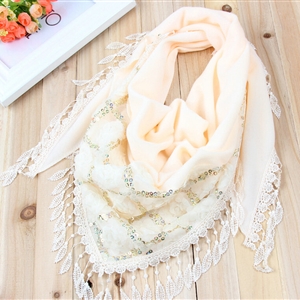 Fringed Lace Floral Scarf Shawls Women Winter Warm Velvet Panties 140*50CM - Beige