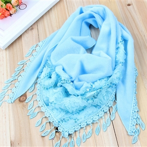 Fringed Lace Floral Scarf Shawls Women Winter Warm Velvet Panties 140*50CM - Blue