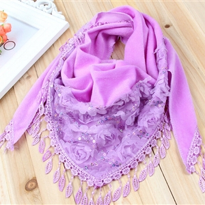 Fringed Lace Floral Scarf Shawls Women Winter Warm Velvet Panties 140*50CM - Purple