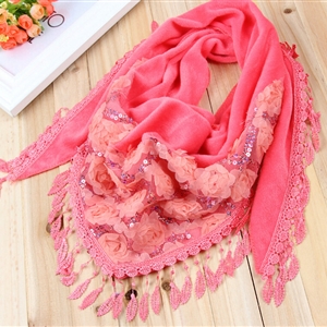 Fringed Lace Floral Scarf Shawls Women Winter Warm Velvet Panties 140*50CM - Watermelon Red