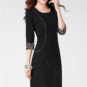 Classy Dresses Fall Women Three-Quarter Sleeve Leopard Print Plus Size - Black