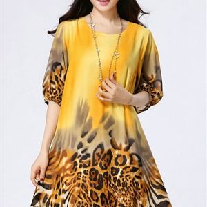 Classy Dresses Summer Female Skirts Leopard Print Plus Size Lantern Sleeve - Yellow