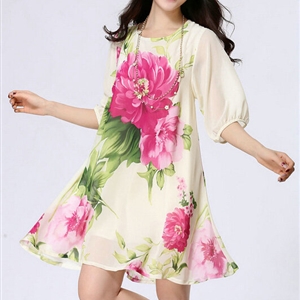 Classy Dresses Summer Female Skirts Printed Plus Size Lantern Sleeve - Beige