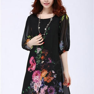 Classy Dresses Summer Female Skirts Printed Plus Size Lantern Sleeve - Black
