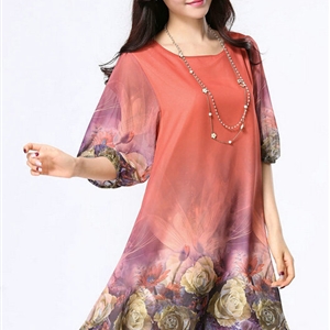 Classy Dresses Summer Female Skirts Printed Plus Size Lantern Sleeve - Orange