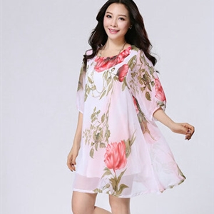 Classy Dresses Summer Female Skirts Printed Plus Size Lantern Sleeve - Pink