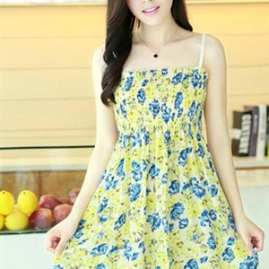 Cute Dresses Summer Girls Sleeveless Floral Short Sundresses - Yellow Blue