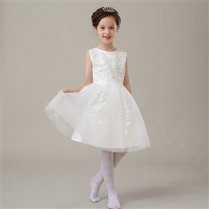 Cute Dresses Winter Flower Girls Bowknot Embroidery Cotton Wedding Party Dress - White