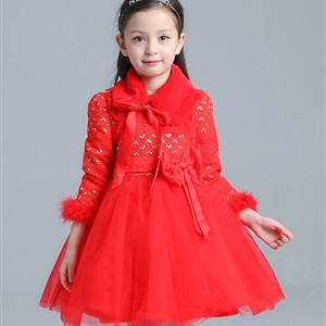 Cute Dresses Winter Flower Girls Bowknot Velvlet Wedding Party Dress - Red