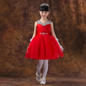Cute Dresses Winter Flower Girls Chiffon Knee Length Bowknot Wedding Party Dress - Red
