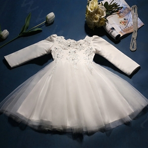 Cute Dresses Winter Flower Girls Diamond Cotton Wedding Party Dress - White