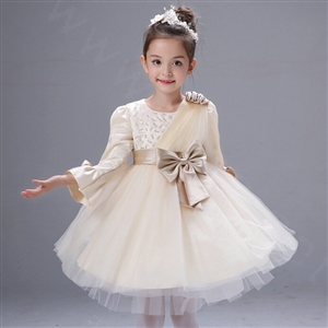 Cute Dresses Winter Flower Girls Flare Sleeve Bowknot Wedding Party Dress - Beige