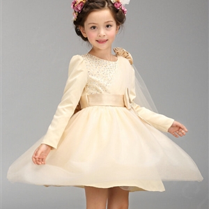 Cute Dresses Winter Flower Girls Knee Length Bowknot Wedding Party Dress - Beige