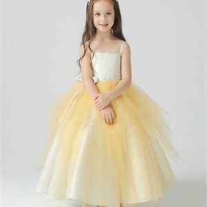 Cute Dresses Winter Flower Girls Sling Bowknot Wedding Party Dress - Yellow