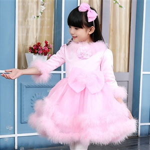 Cute Dresses Winter Flower Girls Velvlet Knee Length Bowknot Wedding Party Dress - Pink