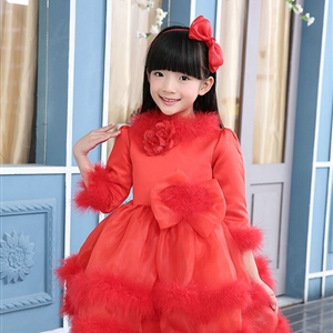 Cute Dresses Winter Flower Girls Velvlet Knee Length Bowknot Wedding Party Dress - Red