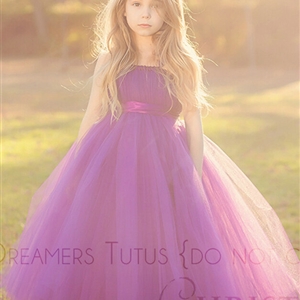 Cute Skirts Winter Flower Girls Long Suspenders Wedding Party Dress - Purple