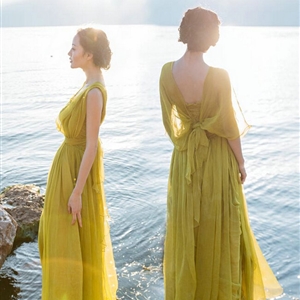 Dresses Summer Backless Women Tunic Elbow Sleeve Solid Beach Long Chiffon - Green